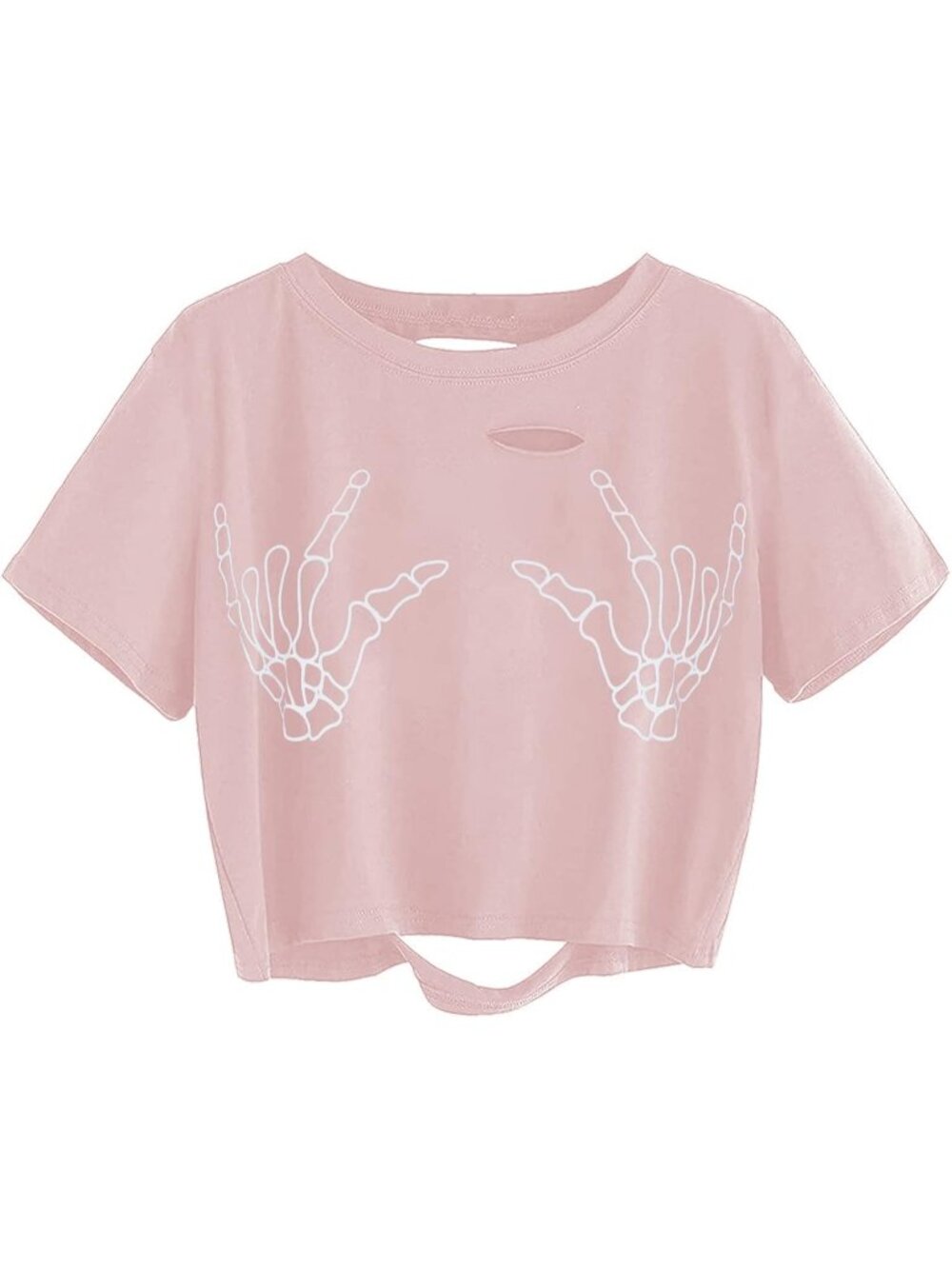 Women's Skull Pink Skull Finger Graphic Distressed Ripped Crop Tops Tee Shirt